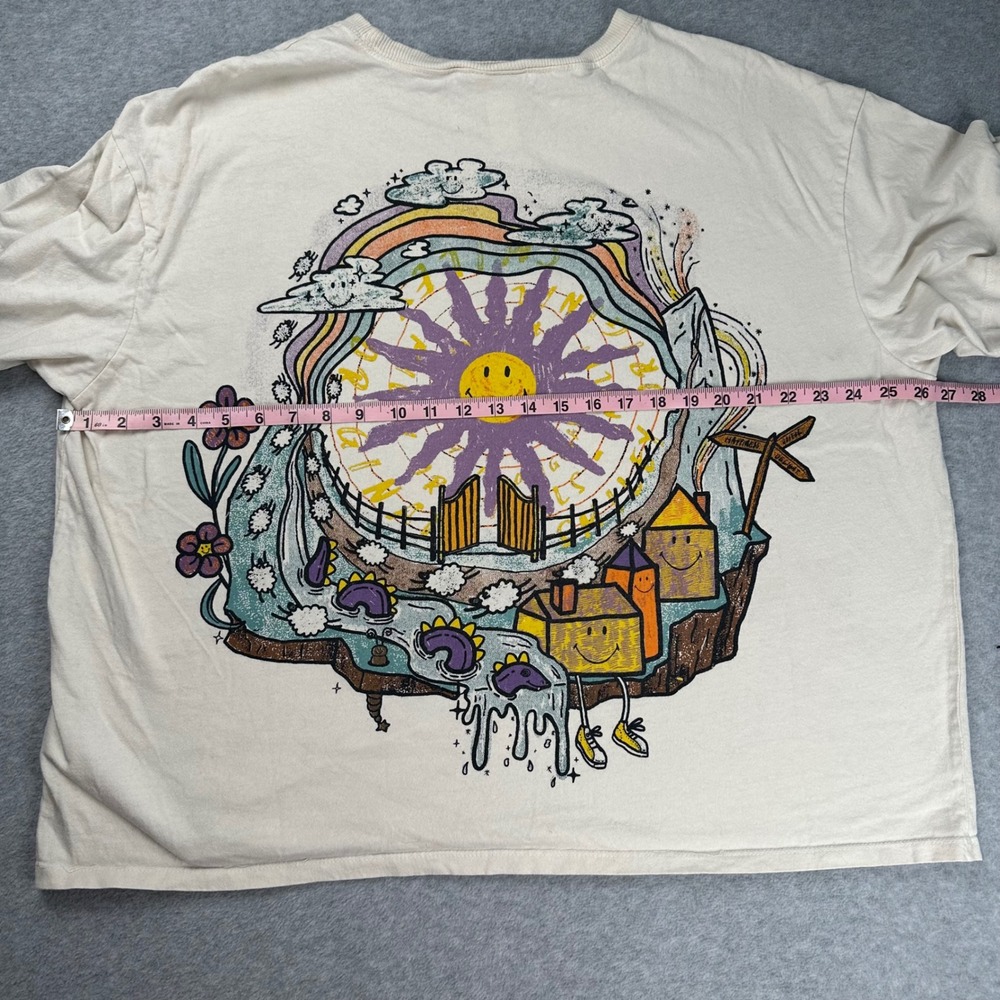 Smiley H&M Oversized Graphic T-Shirt Size XL Cream Psychedelic Sun Rainbow Boho - Picture 6 of 12